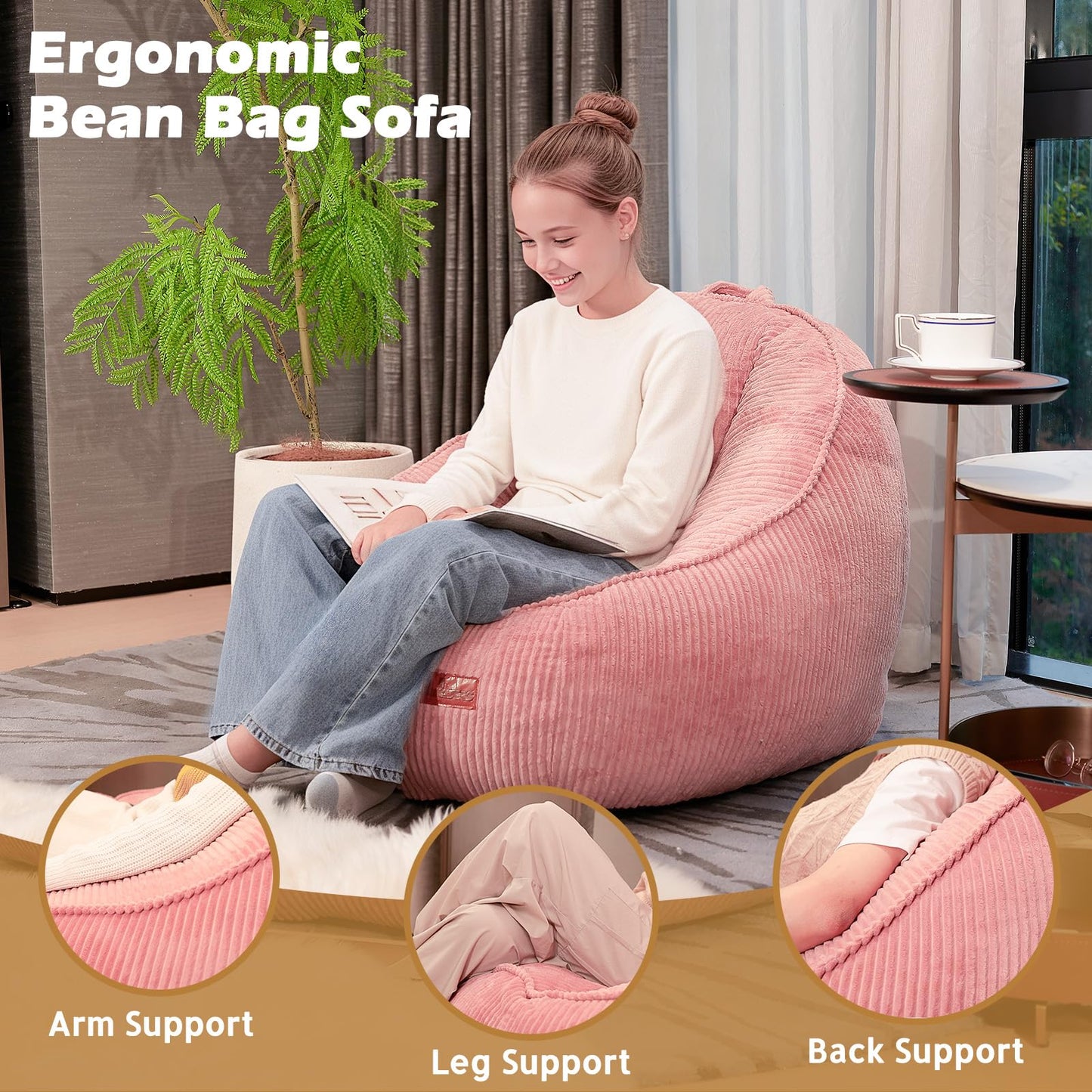 UODERS Bean Bag Chair, Cozy Fluffy Beanbag Chairs with Filler for Teens and Kids, Floor Lazy Sofa for Living Room Gaming & Reading (S-Rose)