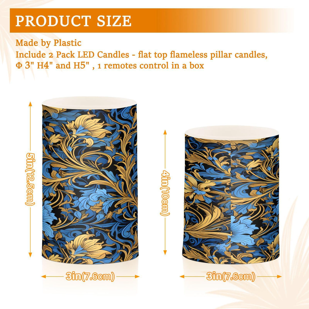 ALAZA Gold Navy Blue Floral01 Flickering Flameless Candles Battery Operated with Remote Timer,Tea Light Candles LED Pillar Votive Candles Set of 2 for Outdoor Indoor Decorations