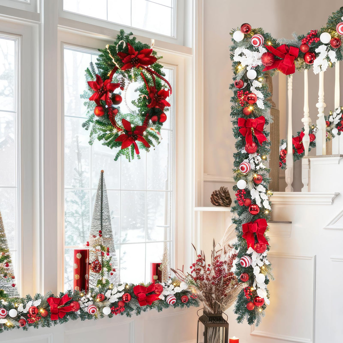 FairyLee 6ft Battery Operated Christmas Garland with 20 LED Lights & Timer, Pre-Lit Artificial Garland for Mantle, Staircase, Table, Indoor Outdoor Xmas Holiday Decor,Red Bow