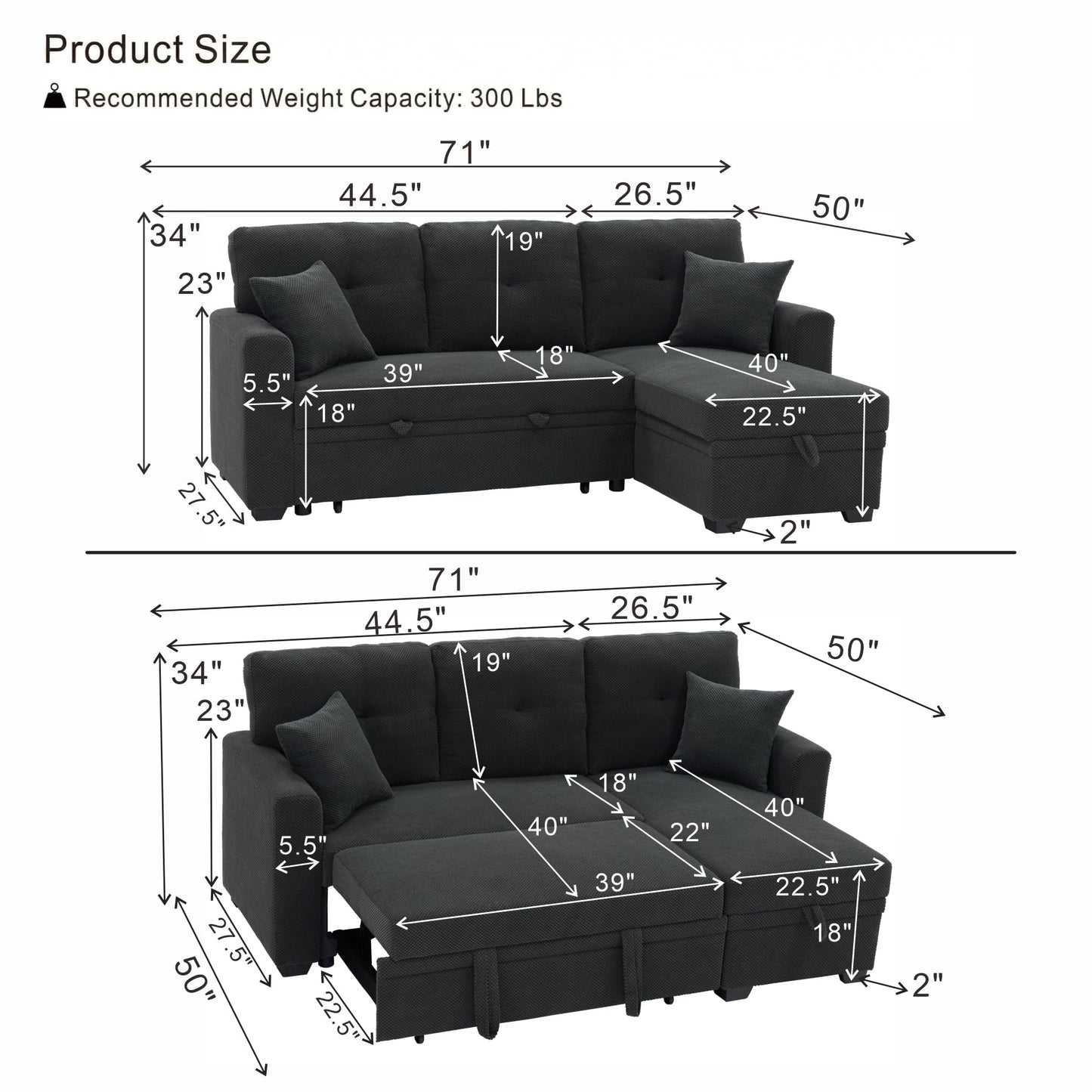 WuerQi 71" Sofa Bed with Queen Size Pull Out Couch, Sectional Sleeper Sofa with Reversible Storage Chaise, L Shaped Couch for Living Room, Apartment and Small Spaces (Dark Gray-L Shaped)