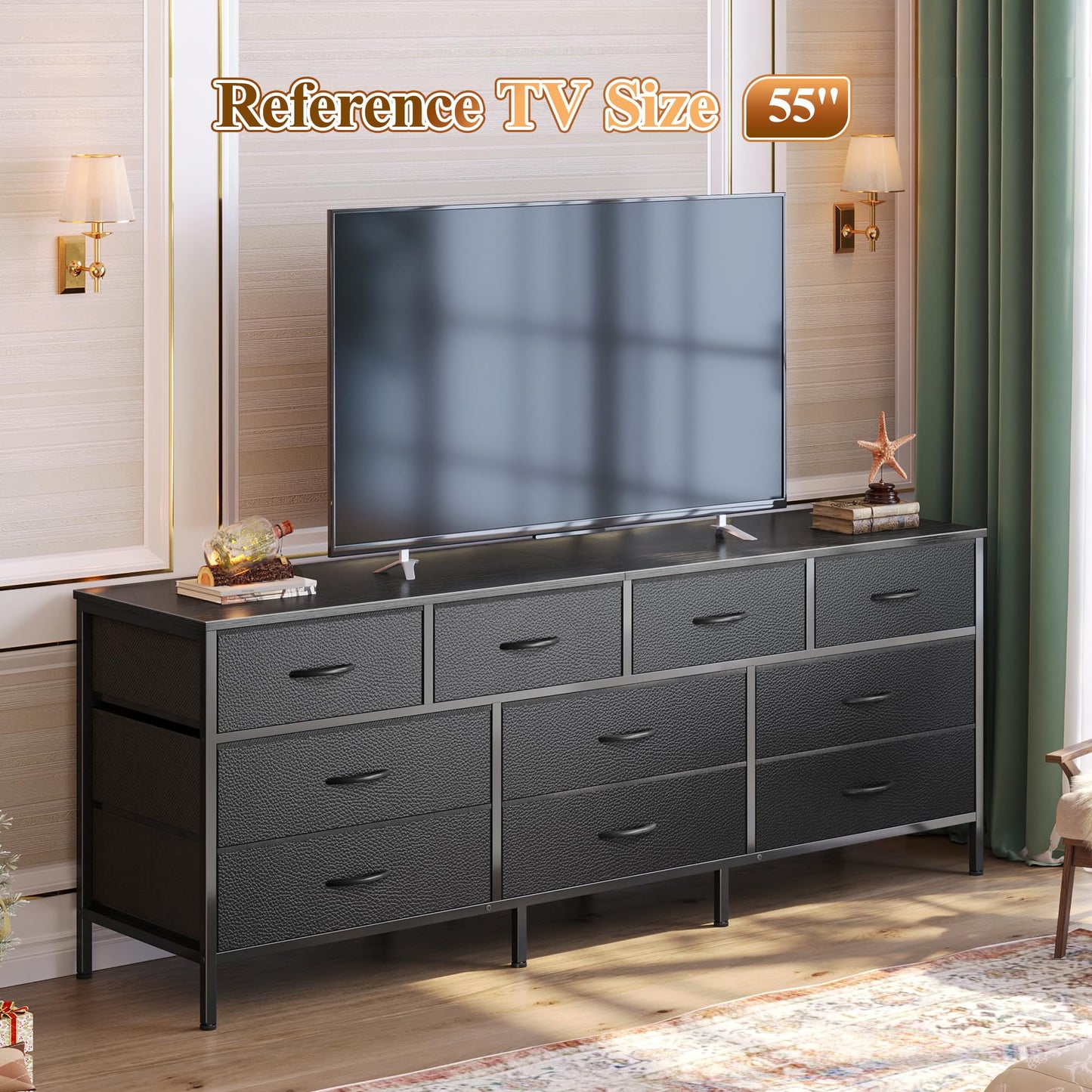Huuger 63 Inch Dresser for Bedroom, Long Dresser with 10 Fabric Drawers, TV Stand for 55, 65, 70 Inch TV, Toy Storage Organizer for Closet, Black