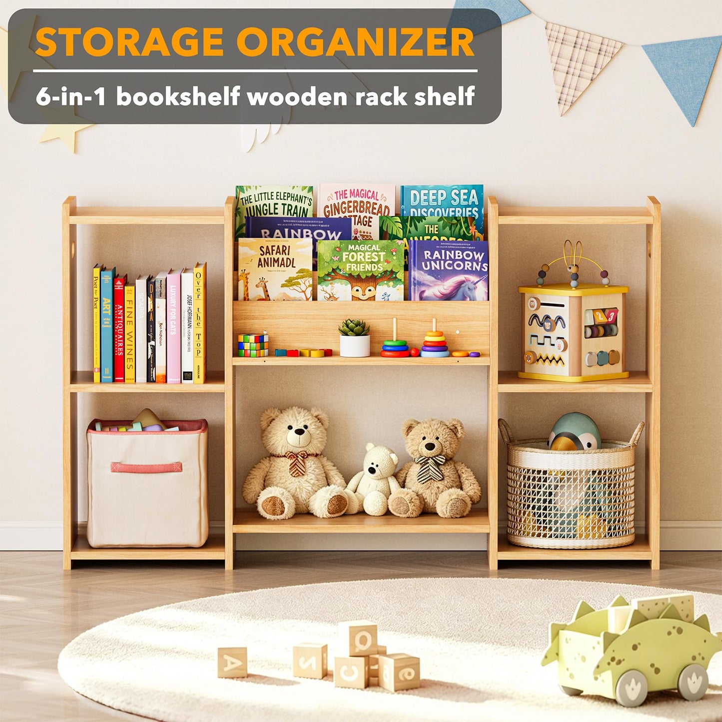 SpaceAid 6-in-1 Bookshelf Storage Organizer, Montessori Bookcase for Toddlers, Wooden Book Rack Shelf Cabinet Furniture for Kids Rooms, Playroom, Nursery and Classroom, 45.6“ Wide, Natural