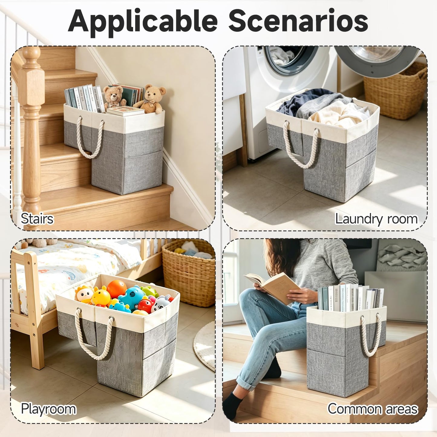 Gachiwar Stair Basket, 16 x 10 x 8 Inches Stair Basket for Stairs with Handle, Clothes Storage Bins, Foldable Staircase Storages Organizer, Versatile Sturdy Bag for Toys, Clothes, Books, Tools (Gray)