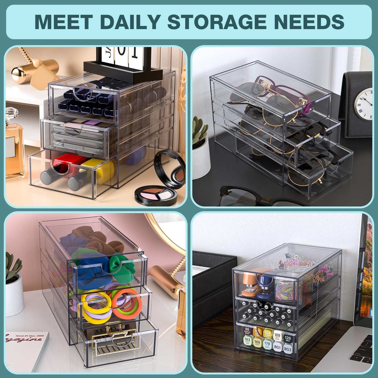 Noverlife 3 Drawers Hair Accessories Organizer, Clear Acrylic Hair Ties Desktop Craft Drawer Cabinet, Hair Claws Desk Organizer Storage Containers Box with Pull-Out Drawer for Bathroom Closet Office