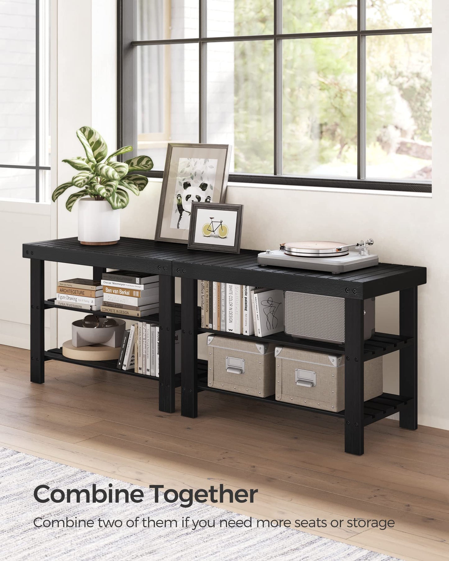 SONGMICS Shoe Rack Bench, 3-Tier Bamboo Shoe Storage Organizer, Entryway Bench, Holds Up to 286 lb, 11.3 x 27.6 x 17.8 Inches, for Entryway Bathroom Bedroom, Ink Black ULBS04H