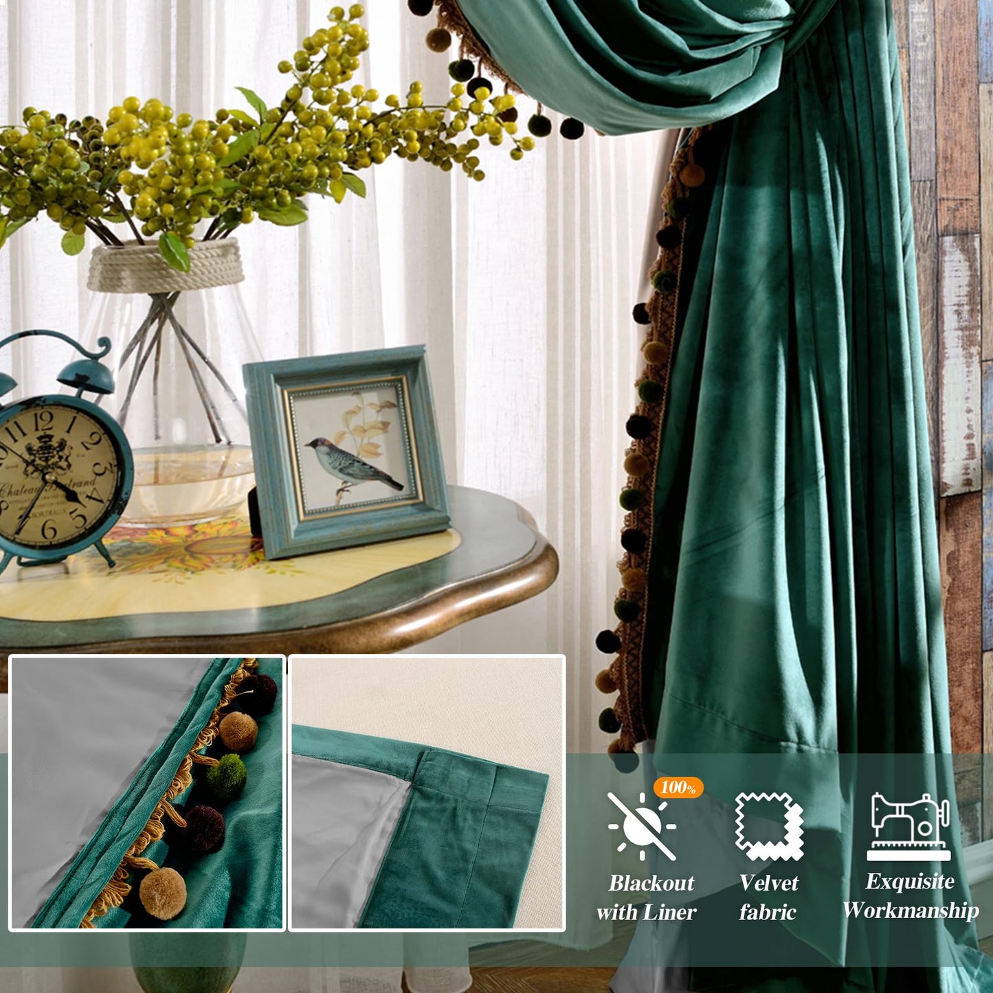 Melodieux Pom Poms Velvet Blackout Curtains for Bedroom Living Room, Vintage Luxury Thermal Insulated Rod Pocket Lined Drapes, 52" W x 84" L, Antique Green (2 Panels)