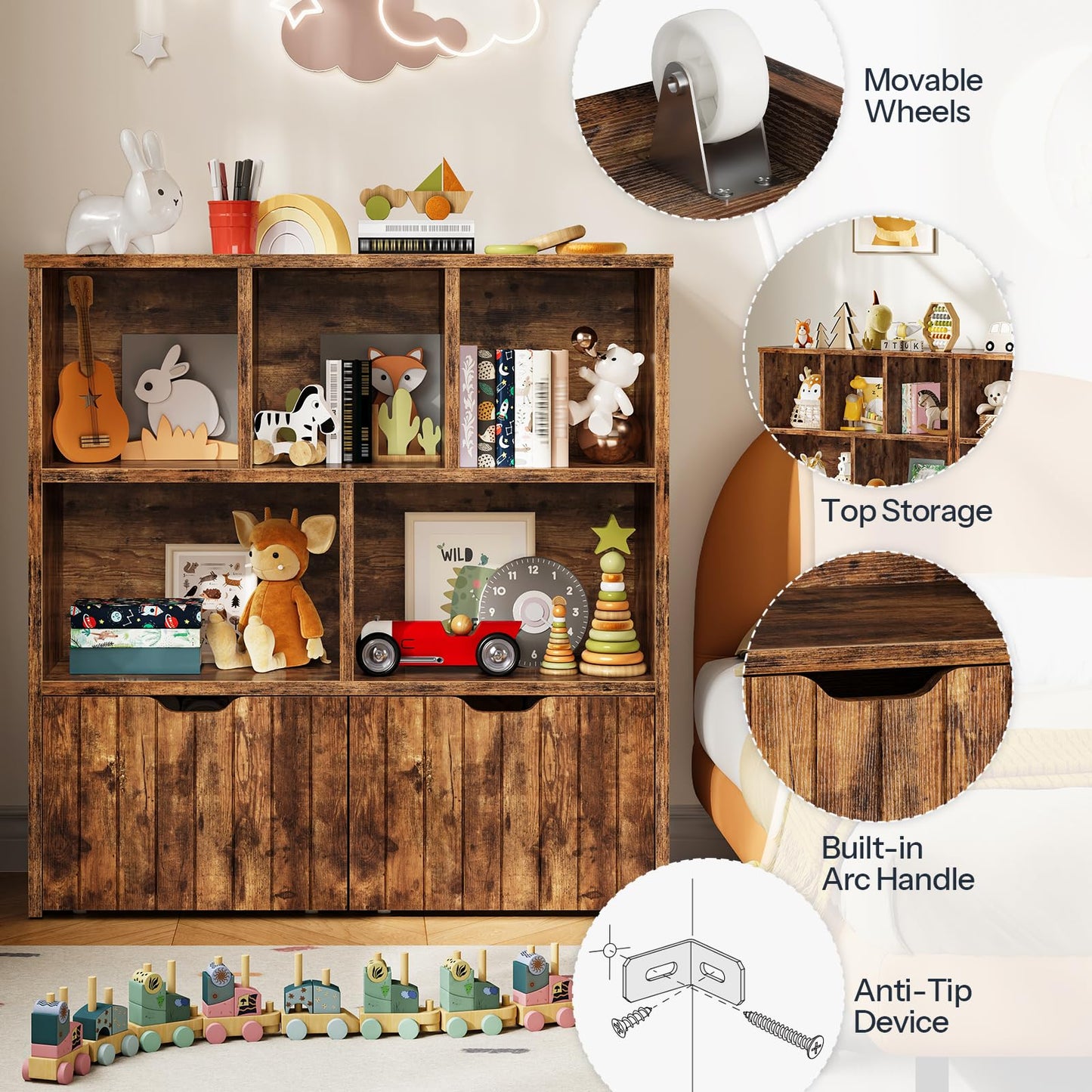 HOOBRO Toy Storage Organizer, Toy Organizers and Storage with 2 Movable Drawers and 5 Cubbies, Toy Chest Shelf for Books or Dolls, Kids Bookshelf and Toy Storage for Playroom, Rustic Brown BF88CW01
