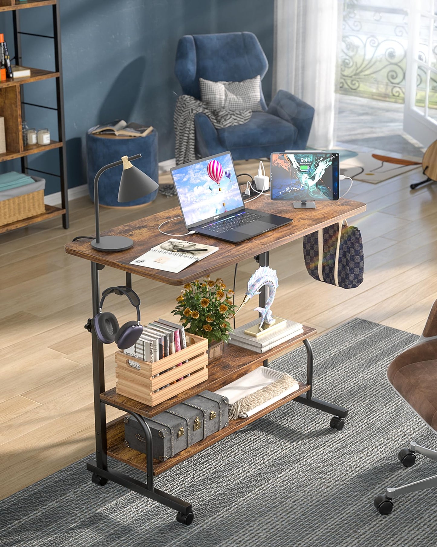 Armocity Rolling Standing Desk with Charging Station, Portable Height Adjustable Mobile Computer Desk with Wheels & 2-Tier Shelves & Hooks, Easy Assembly Laptop Table for Couch Bed, 32" Rustic Brown
