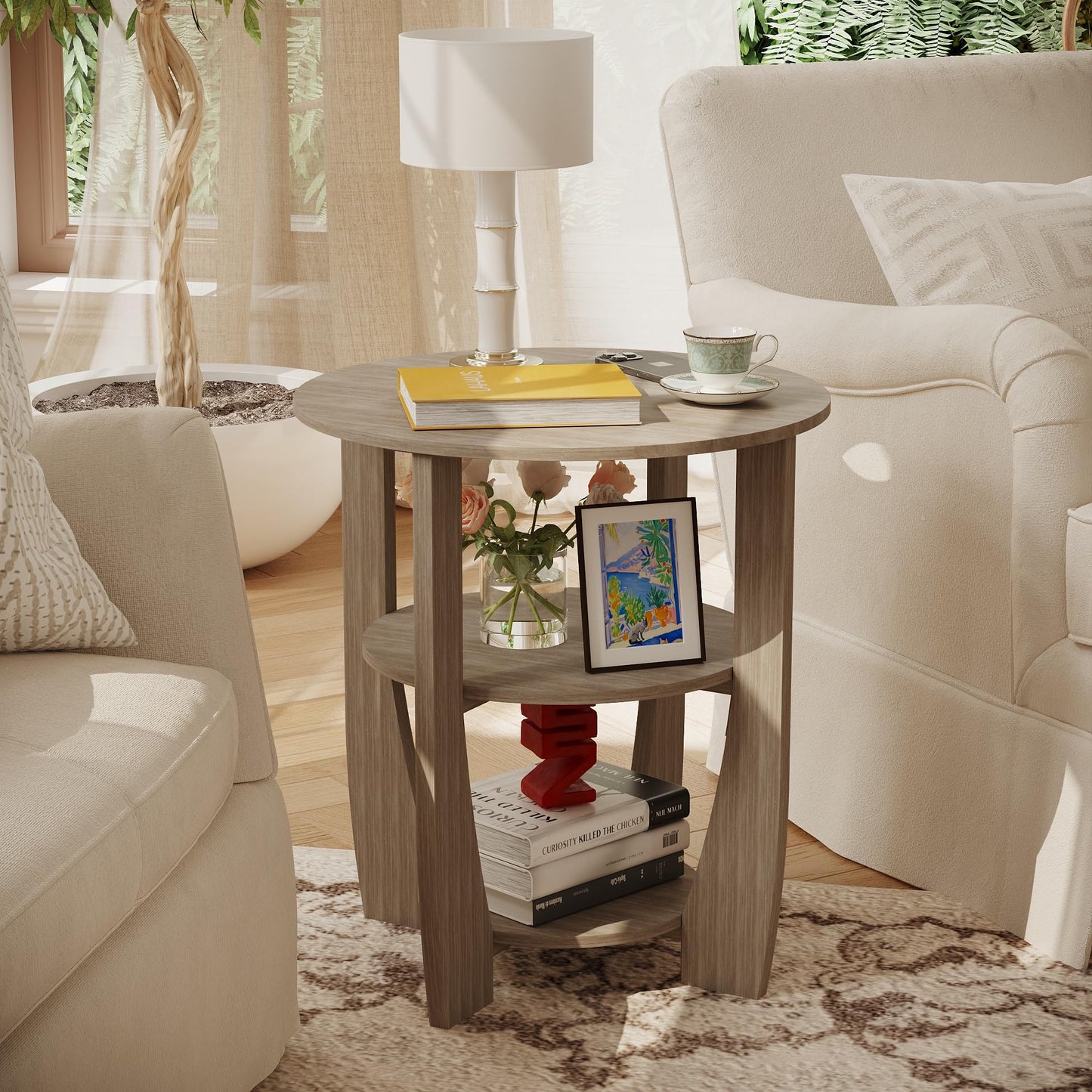 ZEXVIDA Round Side Table, 3-Tier End Table with Storage, 19.7 inch Oak Accent Table,Nightstand for Bedroom Living Room, Farmhouse Design for Couch, Sofa, Recliner, Small Space