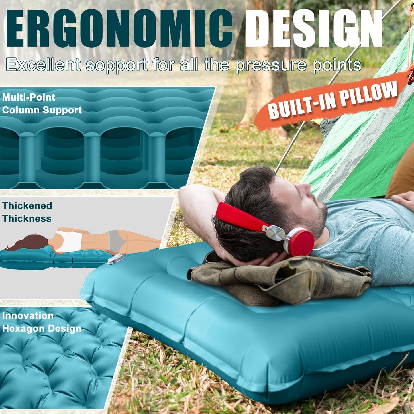 GDREAMT Inflatable Camping Sleeping Pad with Pillow, Extra Thickness 4 Inch Sleeping Mat with Built-in Pump, Compact & Ultralight Camping Air Mattress for Backpacking Hiking Tent Traveling