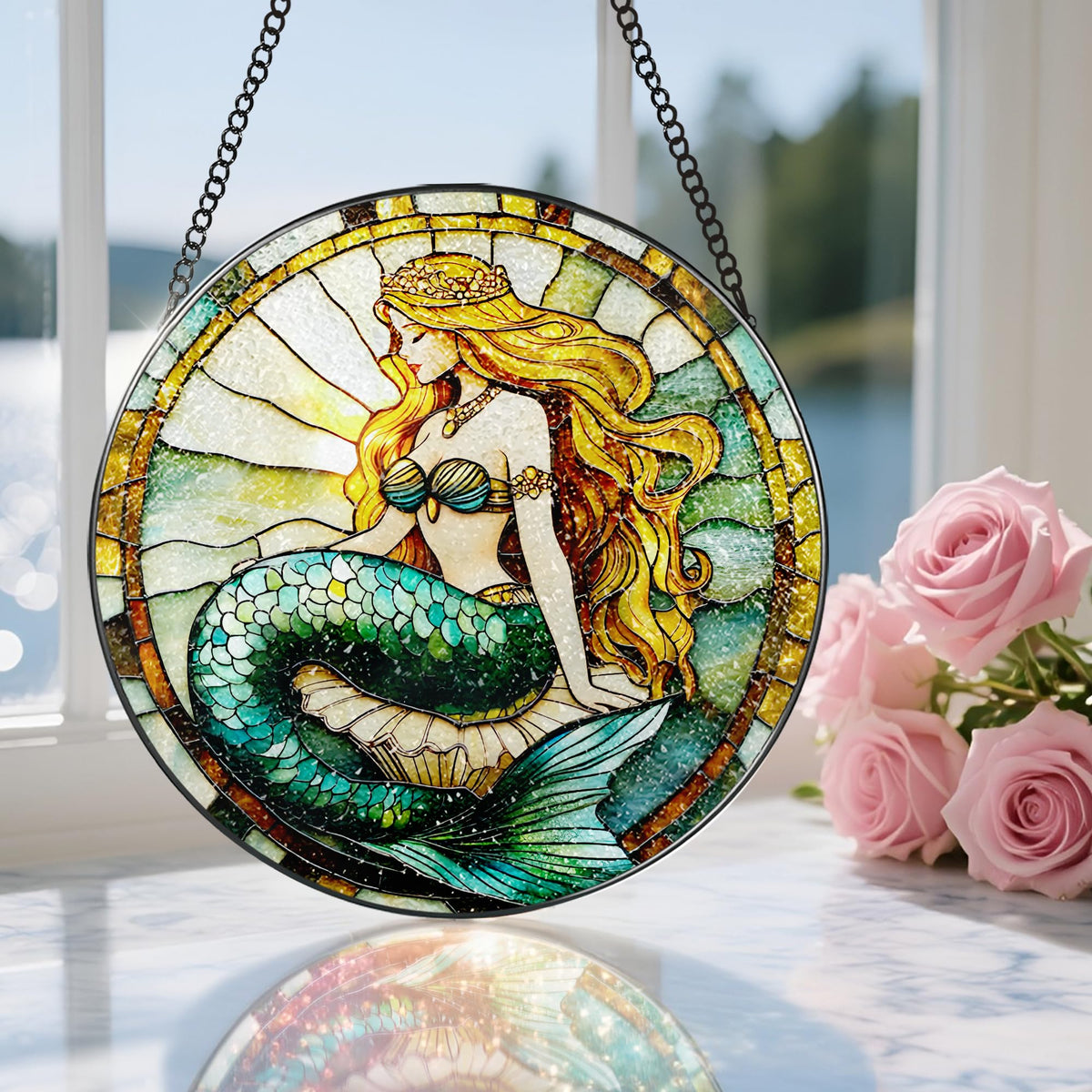 Stained Glass Window Hanging, 8 Inch Mermaid Suncatcher Stained Glass Ornament, Suncatchers for Windows Hanging, Sun Catchers Indoor Window, Mermaid Gifts, Gifts for Friends, Housewarming Gift
