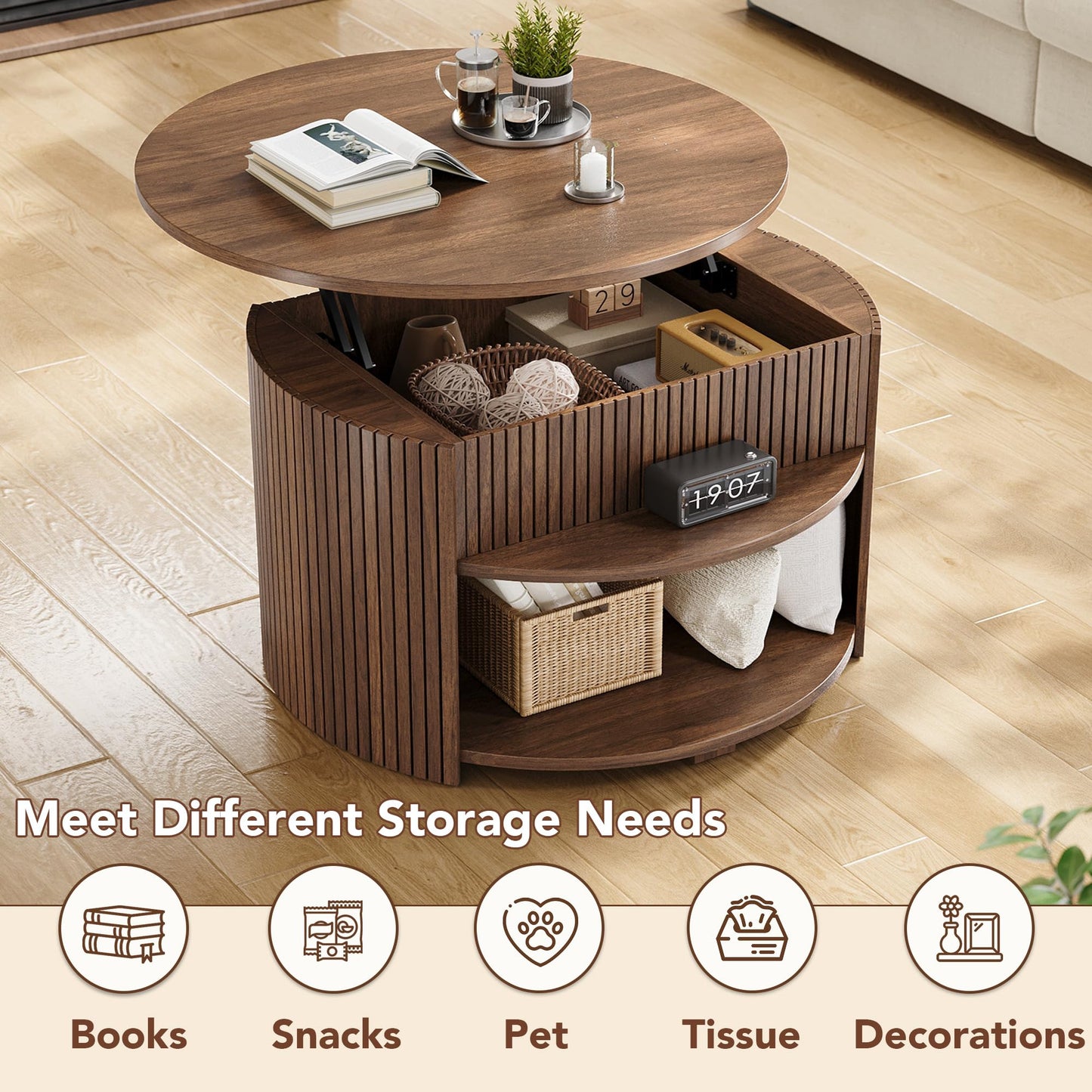 Decofy Round Lift Top Coffee Table with Storage, Fluted Mid-Century Modern Coffee Tables for Living Room, with Hidden Compartment & Open Shelves, for Small Spaces & Home Office(31.5" Walnut)