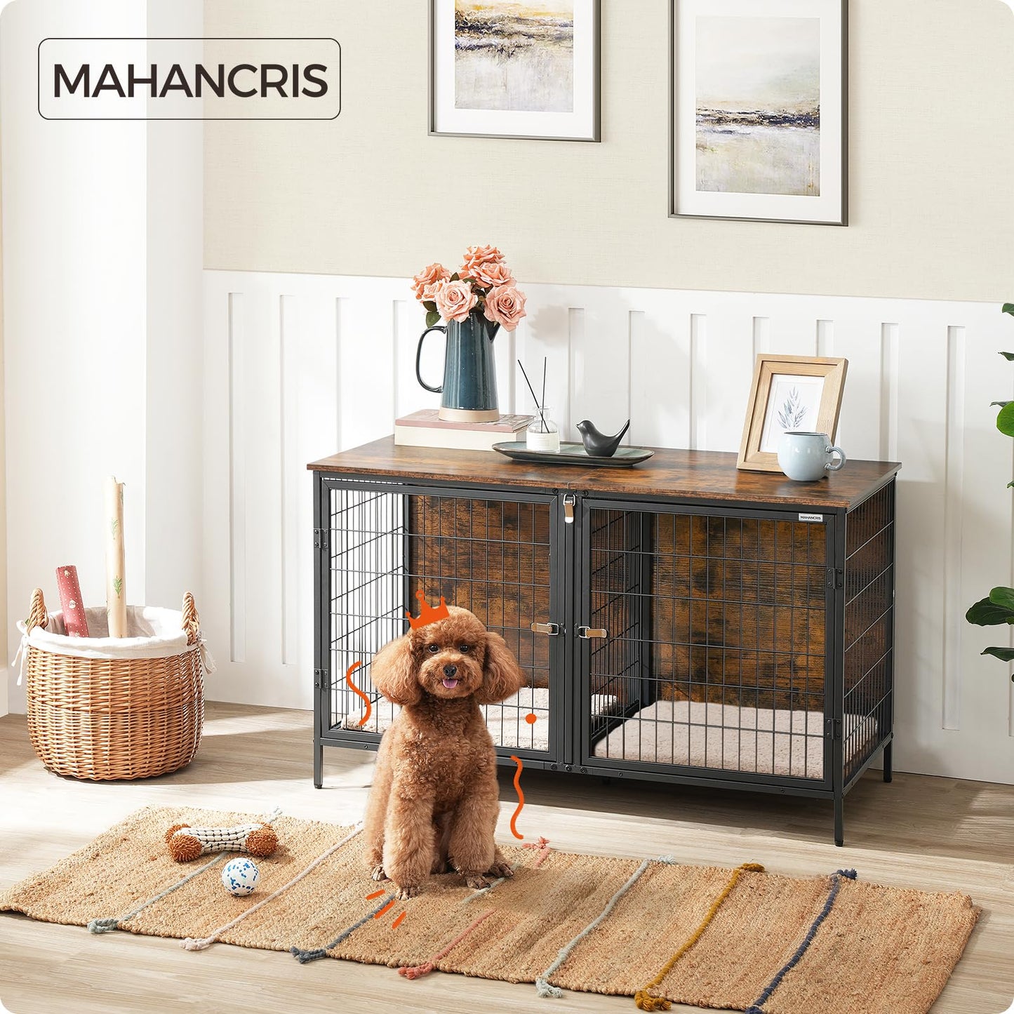 MAHANCRIS Dog Crate Furniture for 2 Dogs, 43.3" Dog Kennel with Removable Divider, Heavy Sturdy Dog Furniture Style Double Cage for Small Medium Dog, Indoor Pet House End Table, Rustic Brown DCHR1201