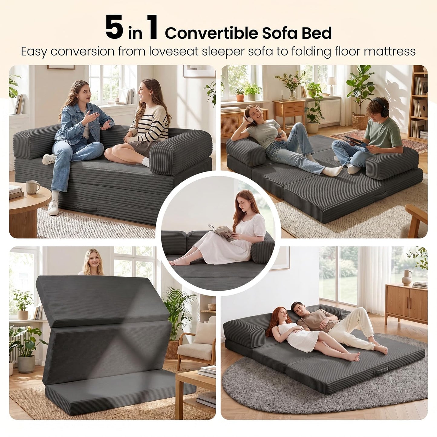 Erament Futon Sofa Bed Queen, Convertible Tri Folding Mattress Couch Bed Foldable with Removable Armrests & Washable Cover, Floor Mattress with High-Density Foam, Small Couch Bed, Queen, Grey
