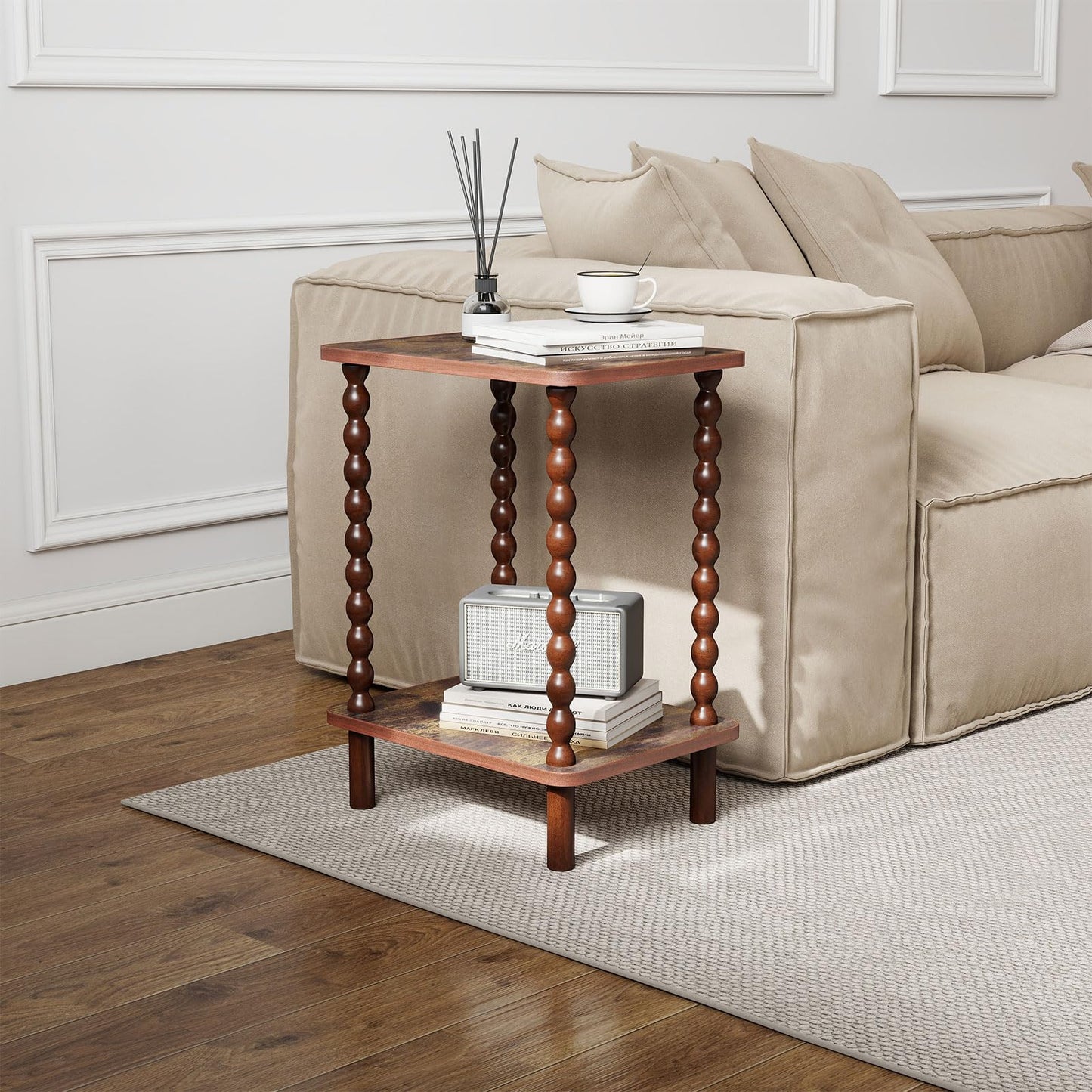 Funecy 2-Tier End Table,Vintage Side Table,Solid Wood Bedside Table with Storage Rack,for Living Rooms, bedrooms, and Narrow Spaces (Rustic Brown)
