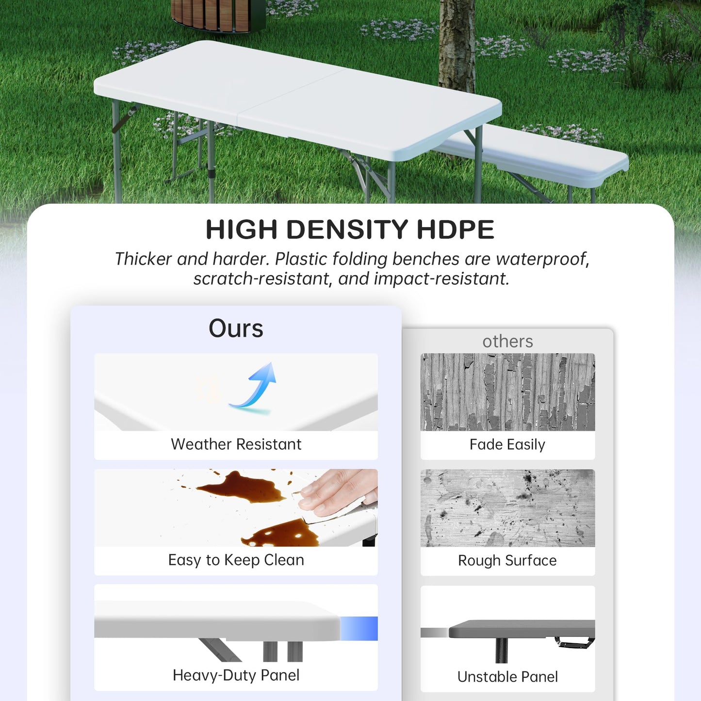 Folding Table 4 Foot for Indoor Outdoor, Portable Heavy Duty Fold-in-Half Utility Small Plastic Adjustable Height Folding with Carrying Handle for Picnic and Party, White (White, 4 FT - 2 PACK)