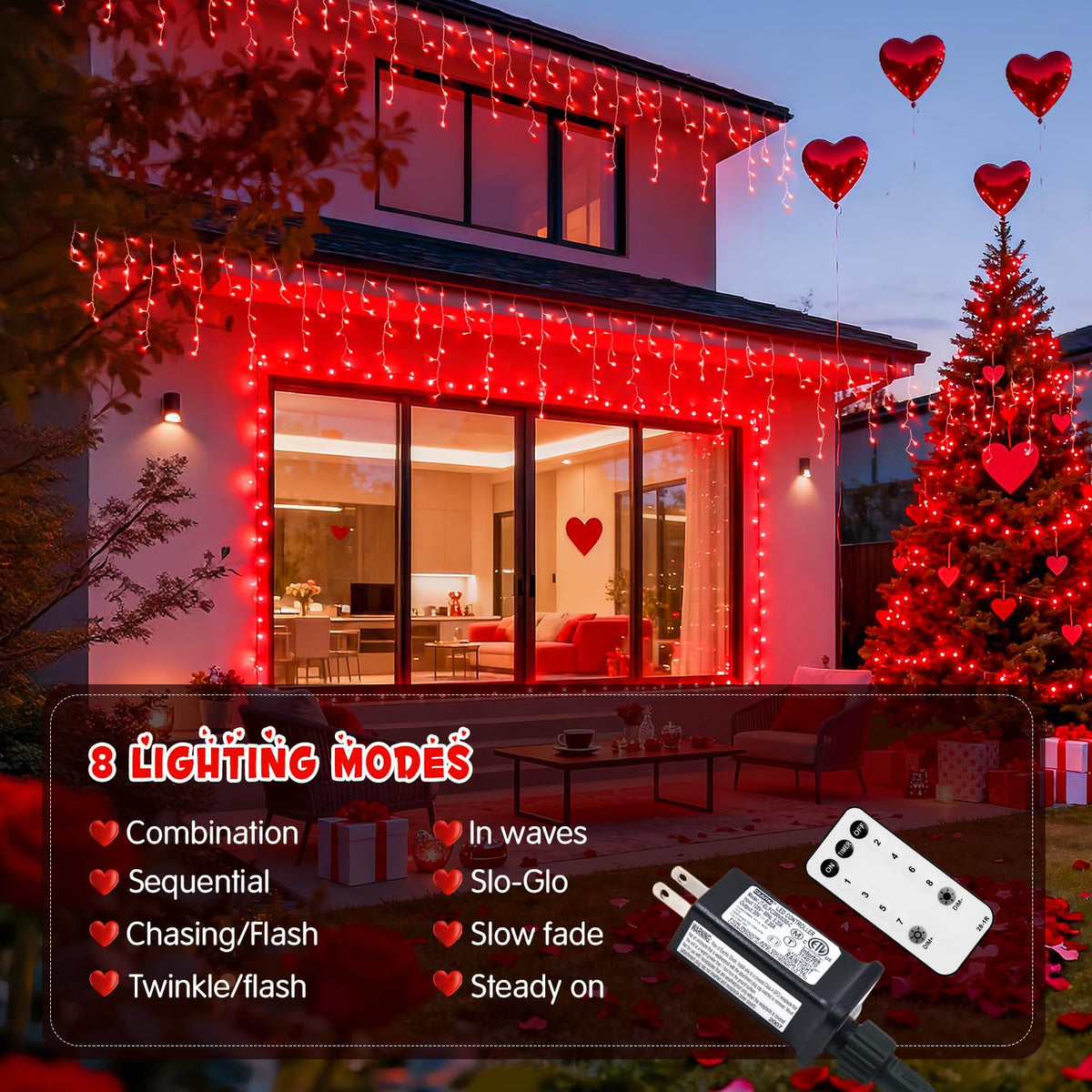 JMEXSUSS 400 LED Red Valentine Lights Outdoor, Connectable Red Icicle Lights Indoor Outdoor with Remote, Christmas Light for Valentine Room Fireplace Christmas Decorations