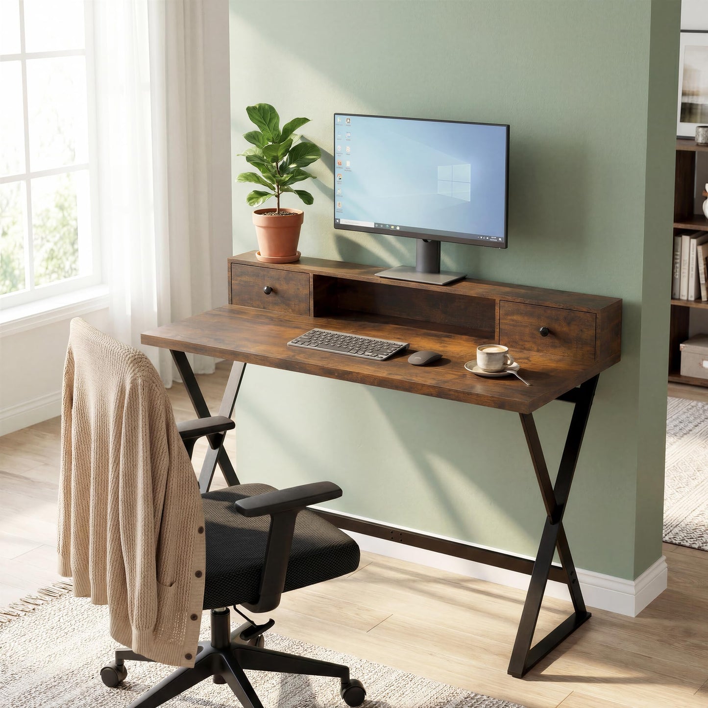 Manora Computer Desk with Drawers and Monitor Stand, 47" Home Office Desk with Storage Shelf, Rustic Brown Writing Study Table with Metal Frame for Bedroom, Workstation for Laptop PC