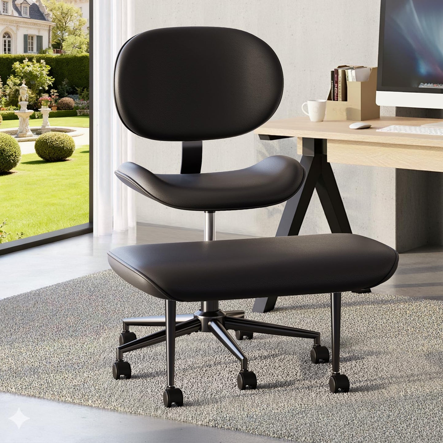 Cross Legged Office Chair with Wheels for ADHD, Ergonomic 360° Swivel Height-Adjustable Meditation Chair for Yoga, Wide Kneeling Chair with Strong Lumbar Support, PU Leather, Black