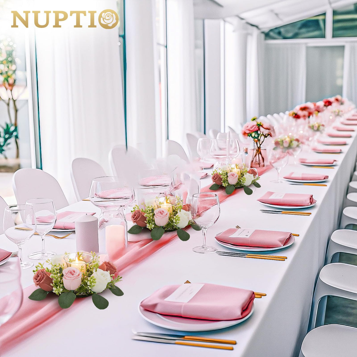 NUPTIO Small Flower Rings for Centerpieces: 9.05 Inch Dusty Rose & White Candle Rose Wreath for Wedding Party Christmas Decorations - Spring Summer Front Door Porch Decor 6 Pcs