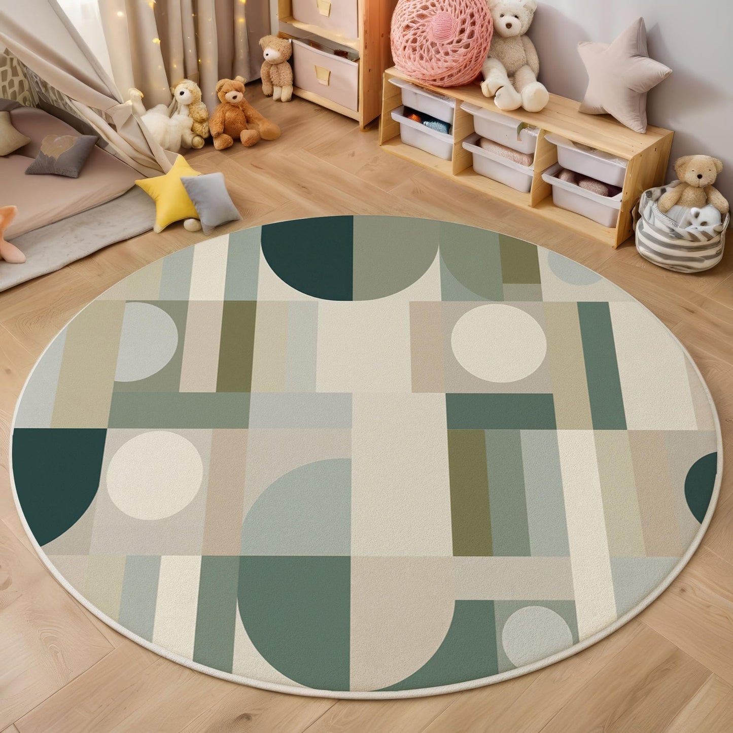 Geometric Abstraction Round Rug - 6Ft Washable Area Rug, Non-Slip Small Bathroom Rugs, Lightweight Semi-Circular Shape Print Carpet for Entryway, Sofa,Kids Room,Green