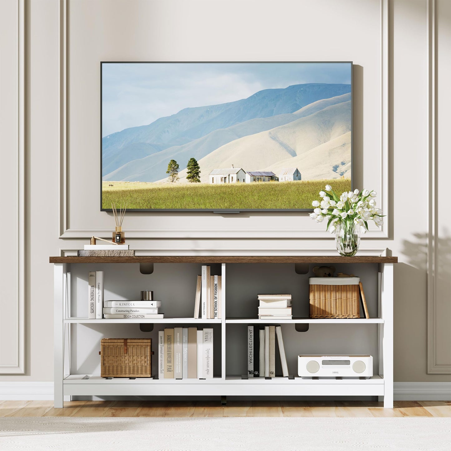 ChooChoo Farmhouse TV Stand for TVs up to 55 Inch, Modern Entertainment Center with 4 Open Shelves & Built-in Cable Holes, Media TV Console for Living Room, Bedroom, White