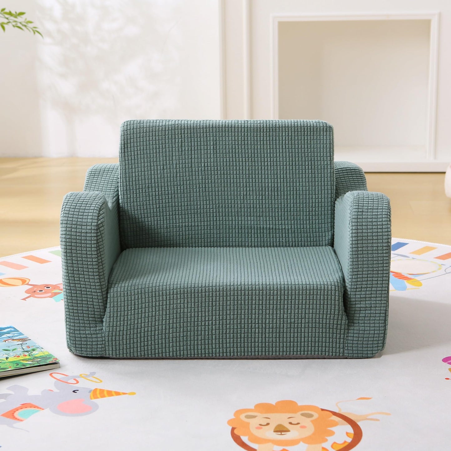 Toddler Couch 2-in-1 Flip Open Waffle Weave Kids Sofa, Forest Green