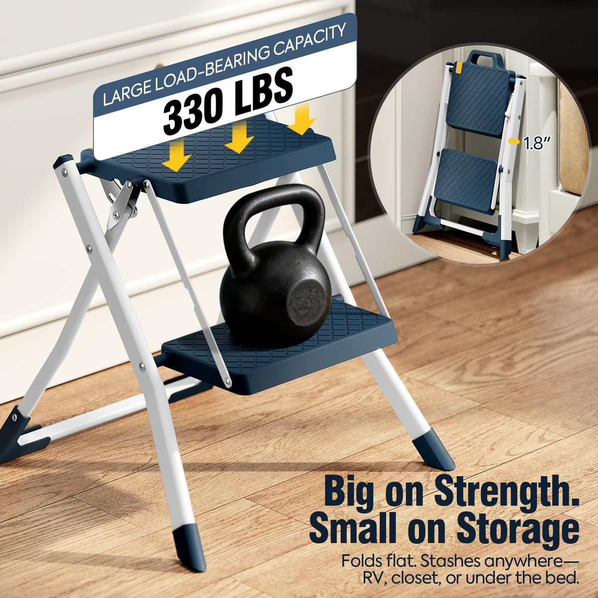 URACKIFY 2 Step Stool Foldable, Step Ladder with Non-Slip Rubber mat, Step Stool with Release Button, Lightweight Steel, Blue, for up to 330LBS.