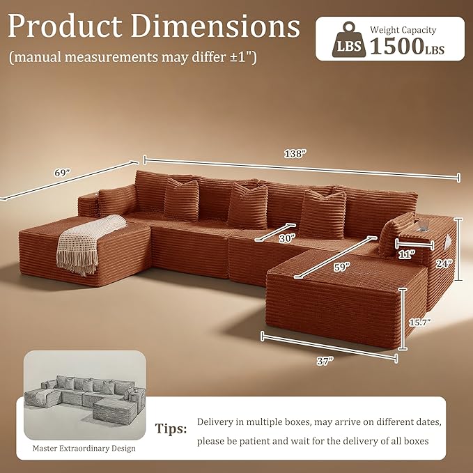138" Cloud Sectional Couch, Comfort U Shaped Sofa