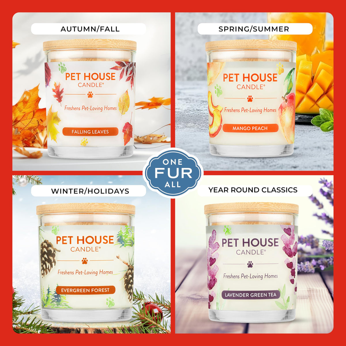 One Fur All Pet House Candle 2 Pack - Plant-Based/Soy - Clean Burning Scented, Long Lasting Pet Odor Candle for Home -Sweet Cranberries