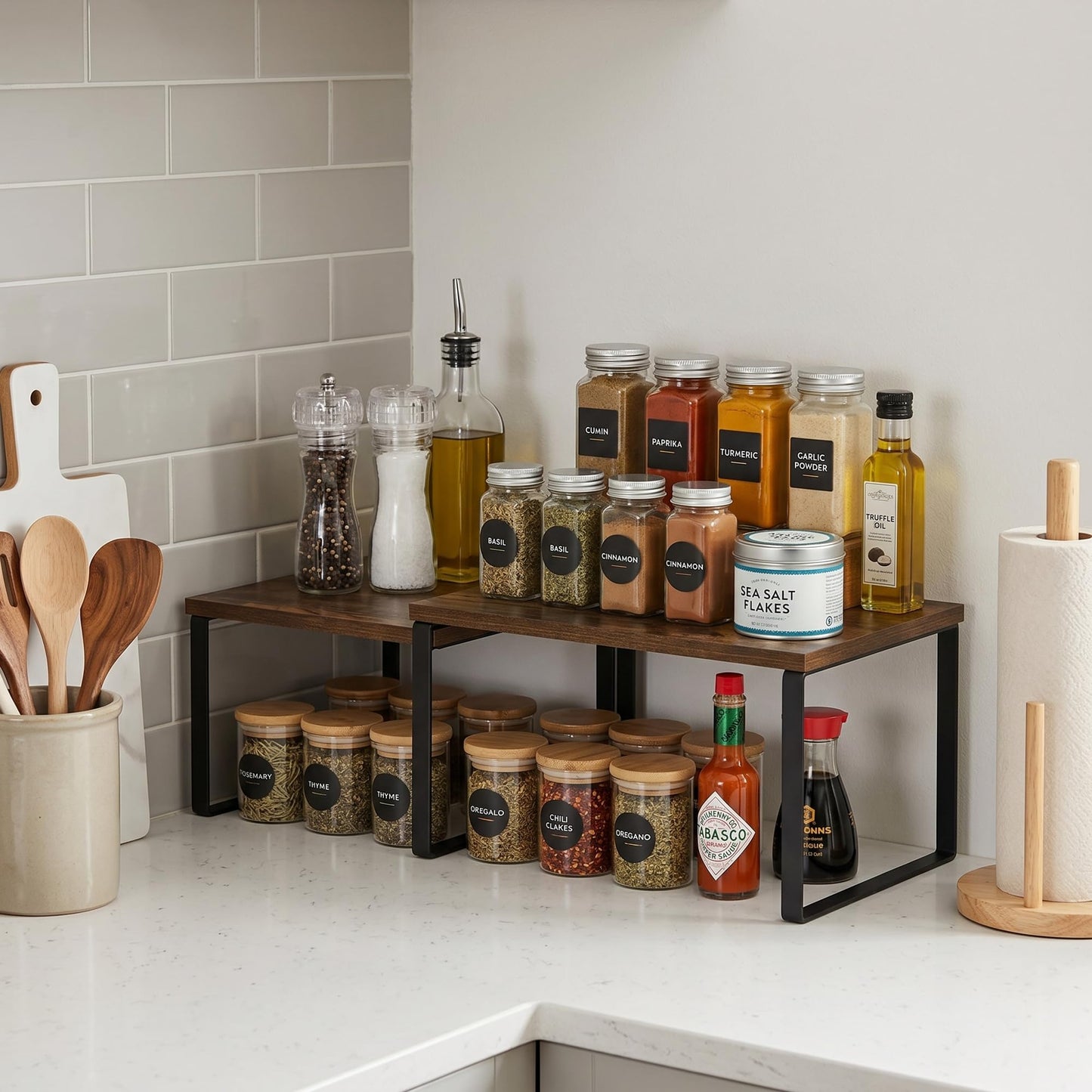Furinno RAVEL Kitchen Countertop Organizer Set of 2, Nesting Counter Shelves, Kitchen Storage, Expandable, Stackable, Spice Rack, for Kitchen, Pantry, Coffee Bar, Amber Pine