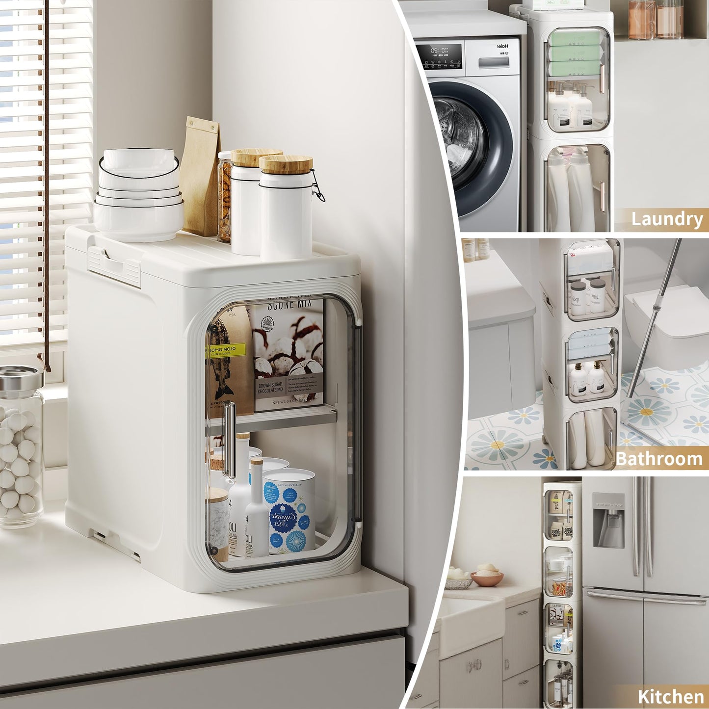 Lifelongpal 4-Tier Tall Narrow Storage Cabinet, Slim Bathroom Storage Cabinet with Adjustable Shelves and Wheels, Narrow Organizer for Small Space, Bathroom, Kitchen, Laundry, White