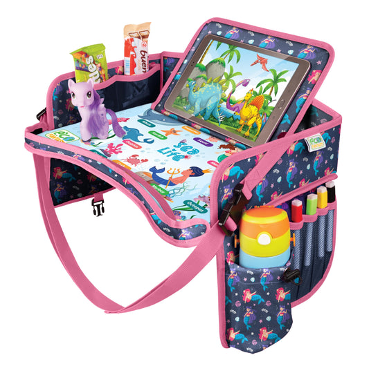 ECOFANTASY Kids Travel Tray - Waterproof Lap Table with No-Drop Large Tablet Holder - Car Seat Tray - Road Trip Essentials Kids - Car Desk Organizer for Airplane - Toddler Travel Essentials(MERMAID)
