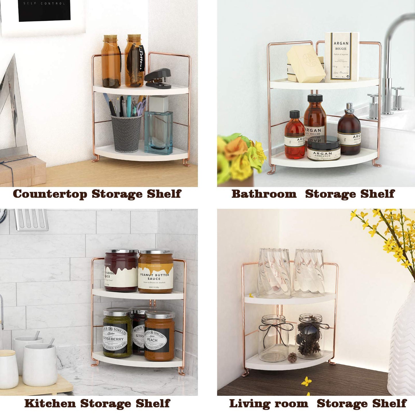 kaileyouxiangongsi 2-Tier Bathroom Countertop Organizer - Vanity Tray Cosmetic & Makeup Storage- Kitchen Spice Rack Standing Shelf - Corner Storage Shelf, Rose Gold