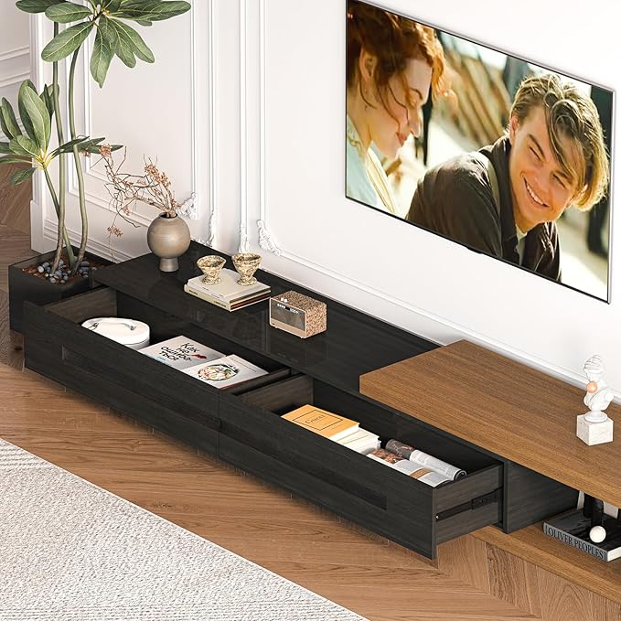 Extendable TV Stand with 2 Drawers, Long Reversible Entertainment Center with
