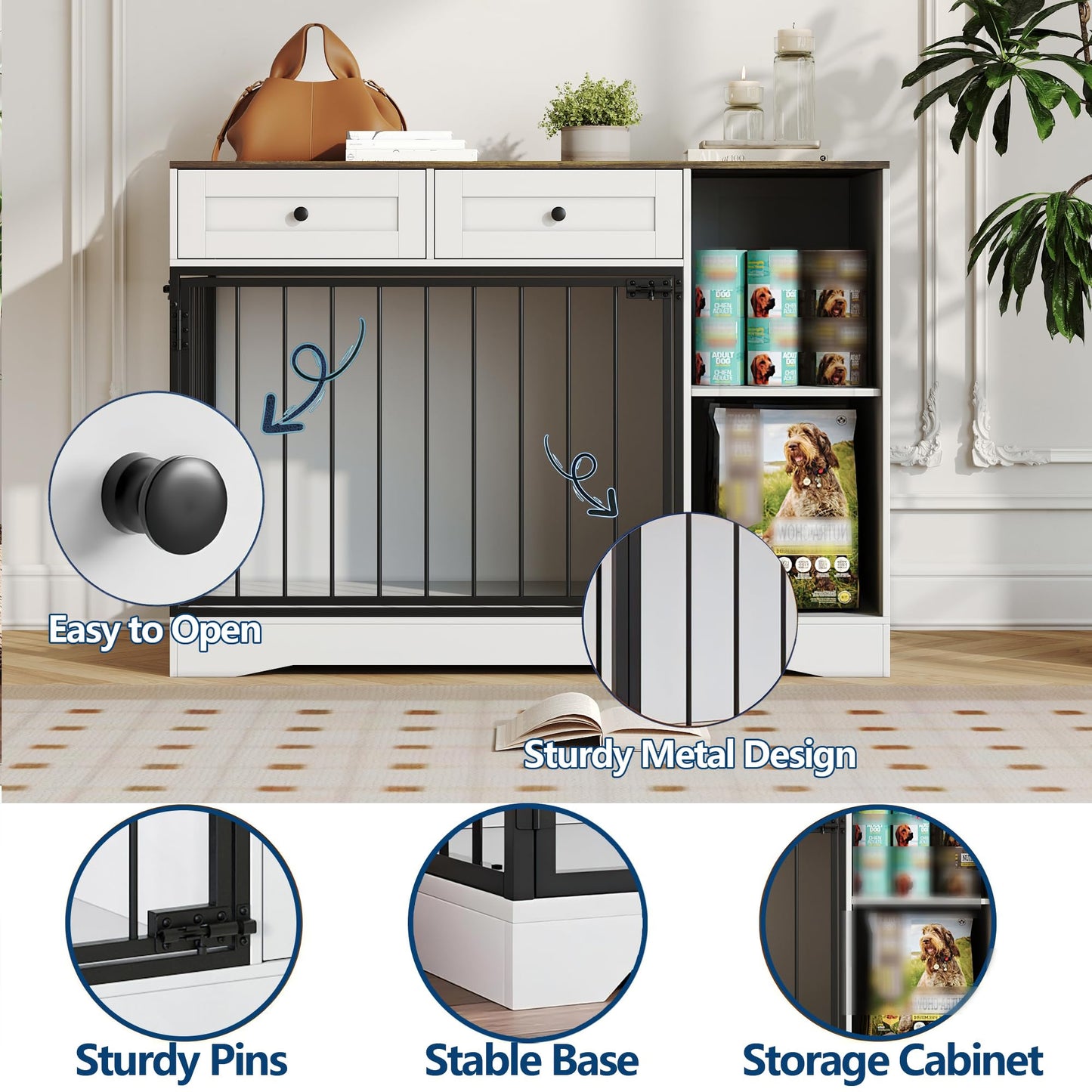47'' Farmhouse Dog Crate Furniture & TV Stand with Double Doors, Modern Indoor Kennel Dog Cage Buffet Cabinet Side End Table with 2 Drawers and Storage Cabinet for Small Medium Dogs Pet House