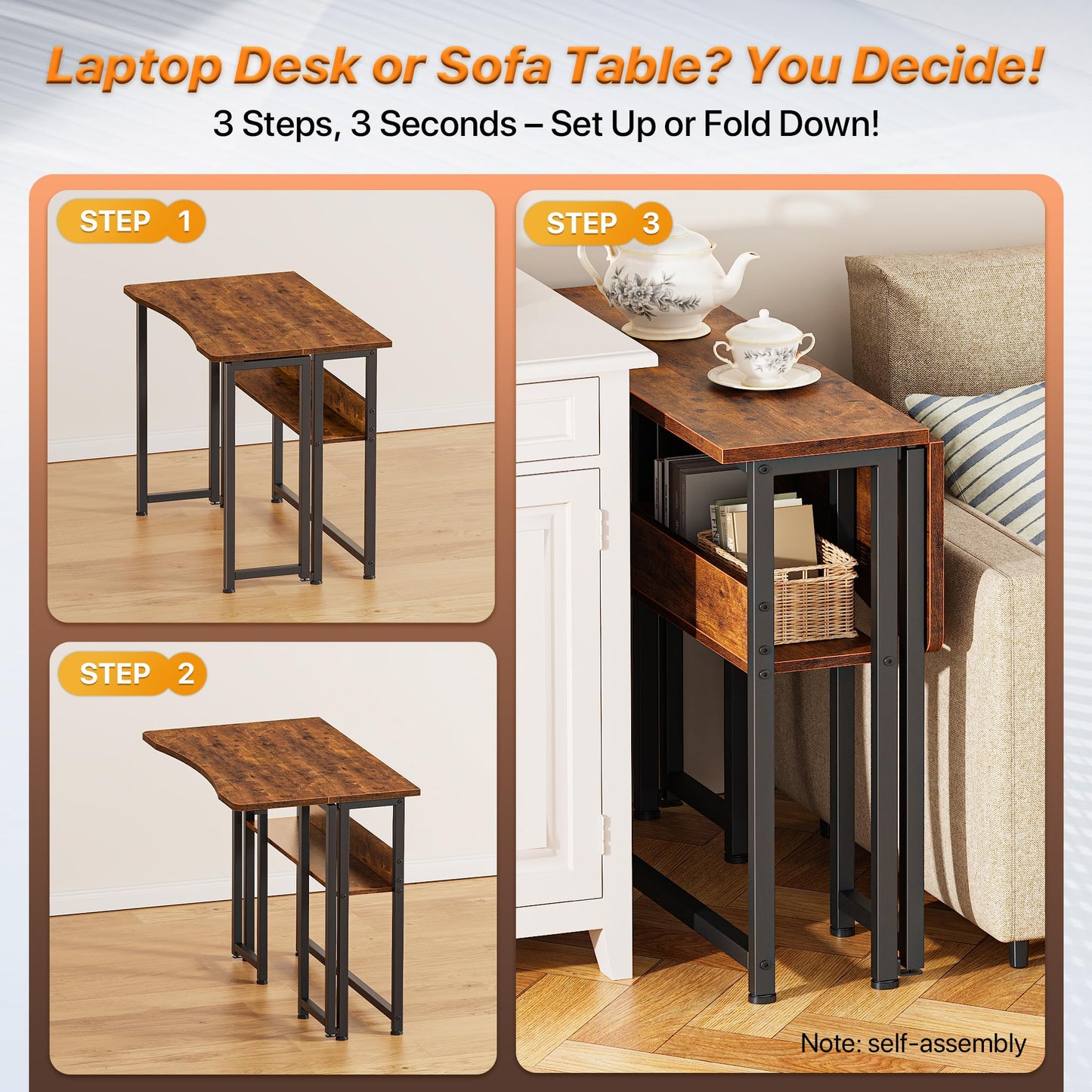 Huuger Folding Desk with Storage Shelf, 31.5 Inch Foldable Computer Table for Small Spaces, Space Saving Sofa Table for Couch, Writing Work Office Computer Desk, Easy to Fold, Rustic Brown