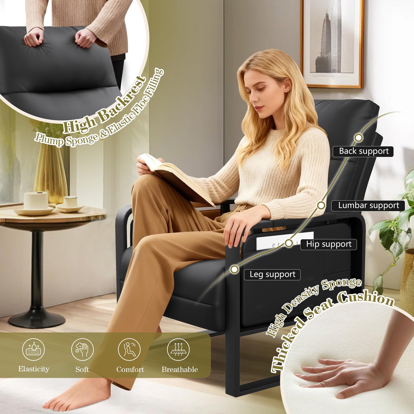 Apeaka Modern Black Accent Chair PU Leather Upholstered Armchair with Foldable Side Table for Bedroom Living Room Chairs Office Chair