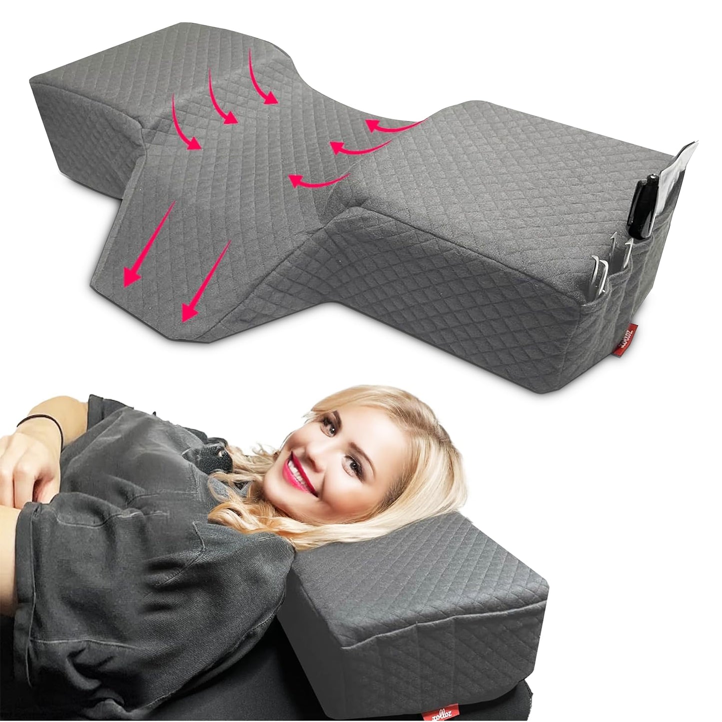 Lash Pillow for Eyelash Extensions - Curved Memory Foam Bed Pillow, Ergonomic Head Rest with Neck Support, Side Pockets for Tools, Fits Lash Beds for Tech – Gray