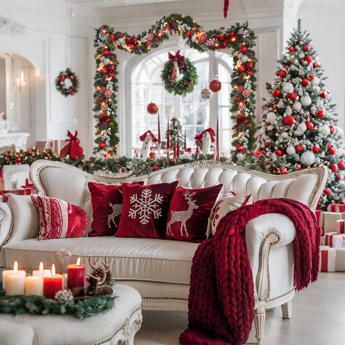 prelit 6ft Christmas Garland with 25 LED Lights with Timer, prelit red White Garland with Plenty Hand-Painted Ornaments,Festive Lighted Winter Decor for Front Door, Mantel, Stair & Fireplace