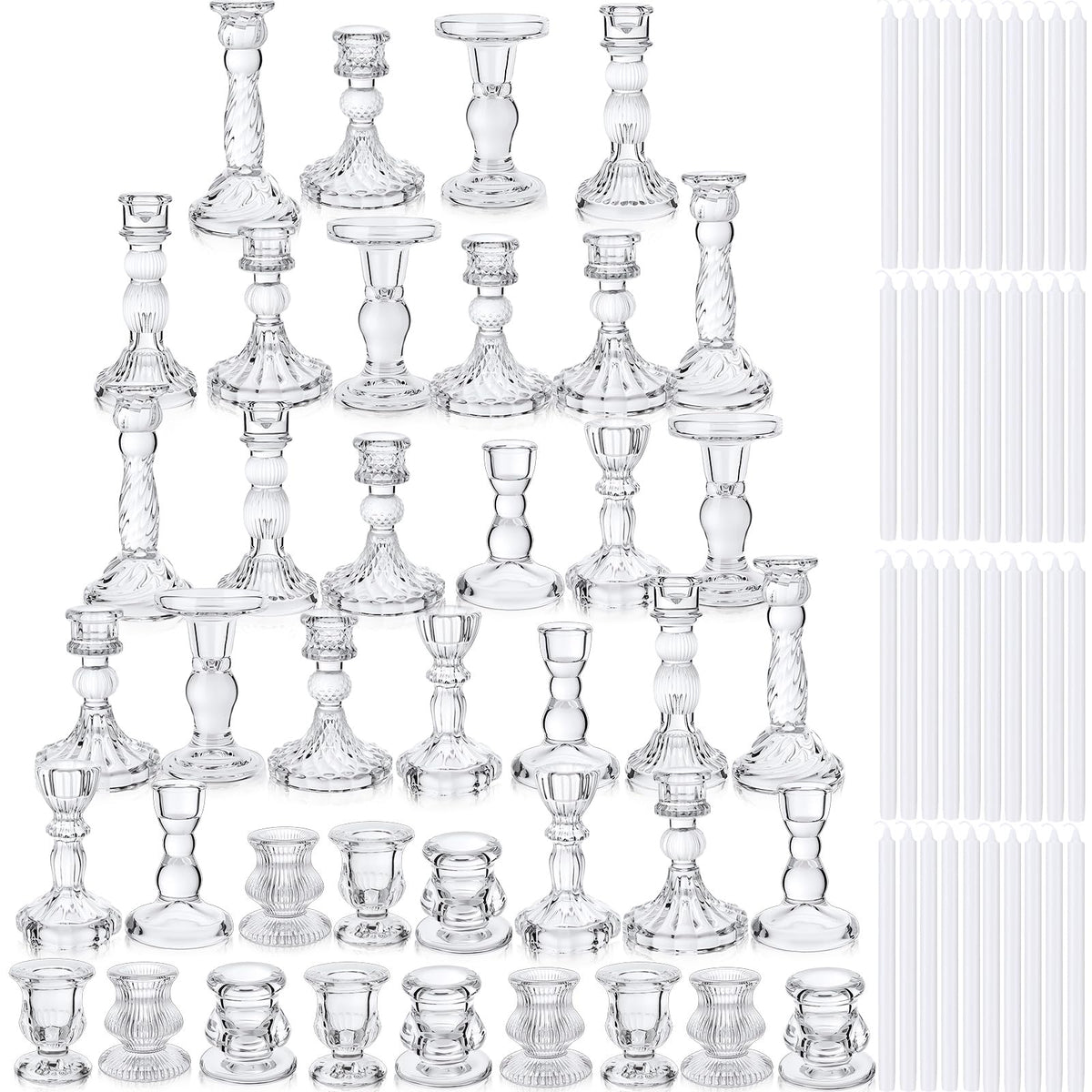 Mumufy 40 Sets Glass Crystal Taper Candle Holders Stand Centerpiece Bulk with 10 in Taper Candles Sticks Clear Decorations Table Wedding Dining Party (Transparent)