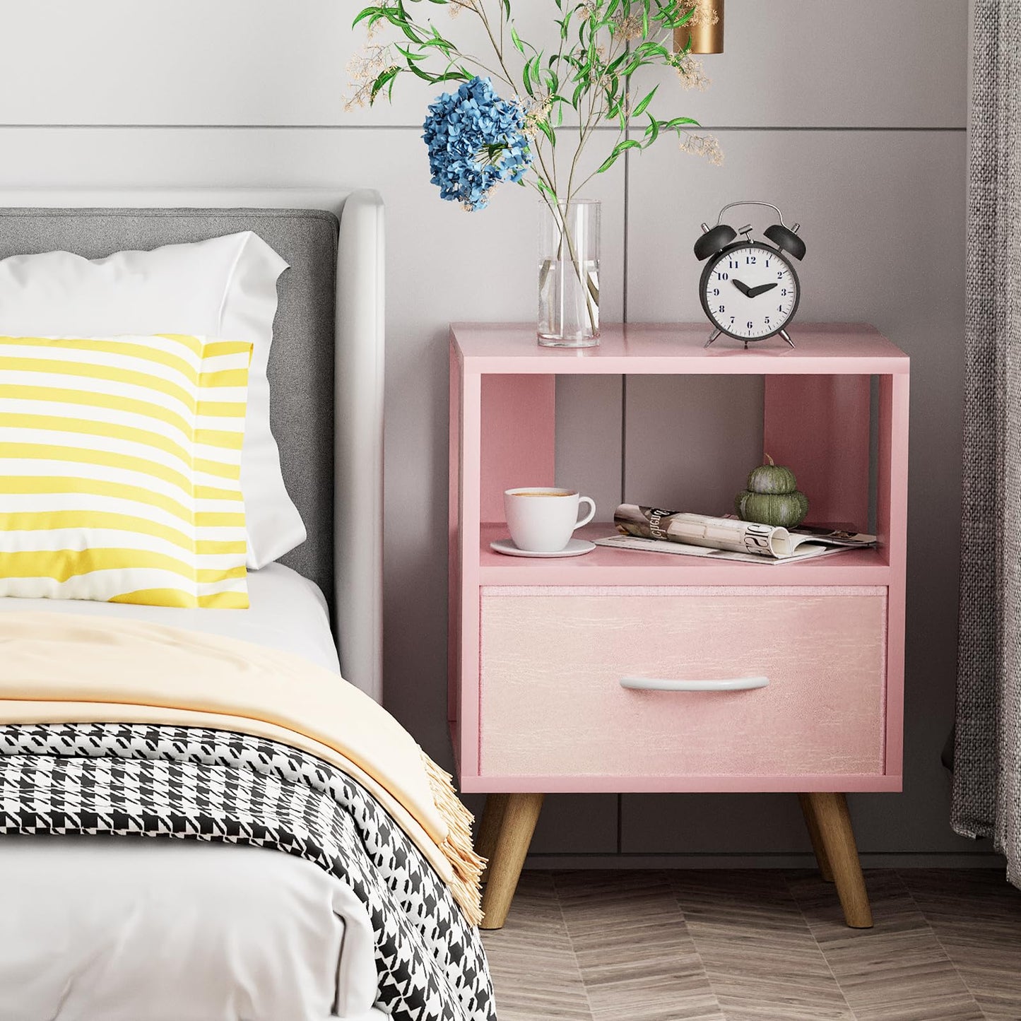 Aenuert Night Stand, Pink Kids Nightstand with Drawer, Nursery Side Table with Open Storage, 2-Tier Modern End Table, Bedside Table for Small Space, Living Room, Bedroom