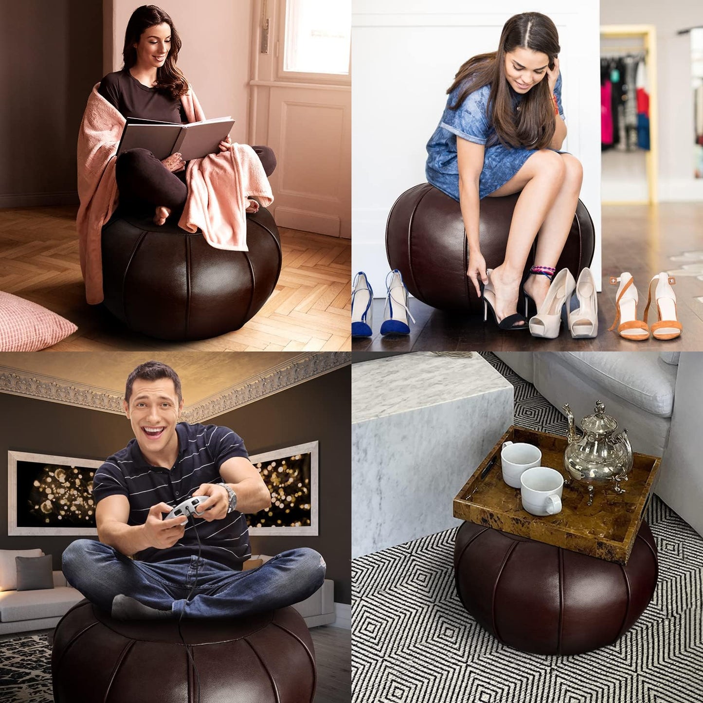 Louis Donné Brown Waterproof Faux Leather Unstuffed Pouf Ottoman, Handmade Moroccan Pouf Cover 21"x13", Round Floor Cushion Floor Chair Footstool for Living Room, Bedroom and Wedding (Only Cover)
