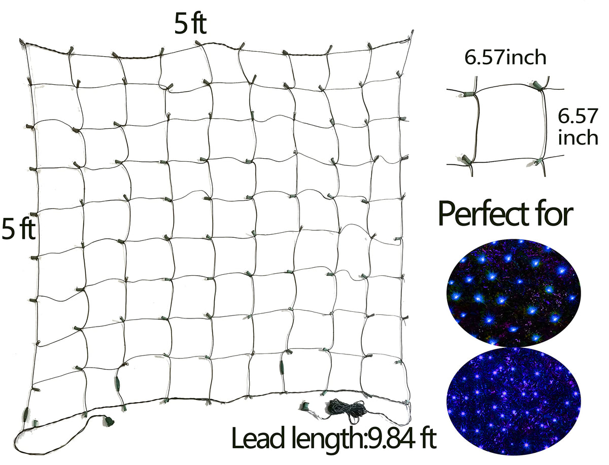 HISHINY LED Blue Christmas Net Lights Outdoor Christmas Decorations 5ftx5ft 100LED Green Wire,Connectable Outdoor Indoor Yard Mesh Shrub Net Lights String for Halloween Chritmas Party,Tree,Bush(Blue)