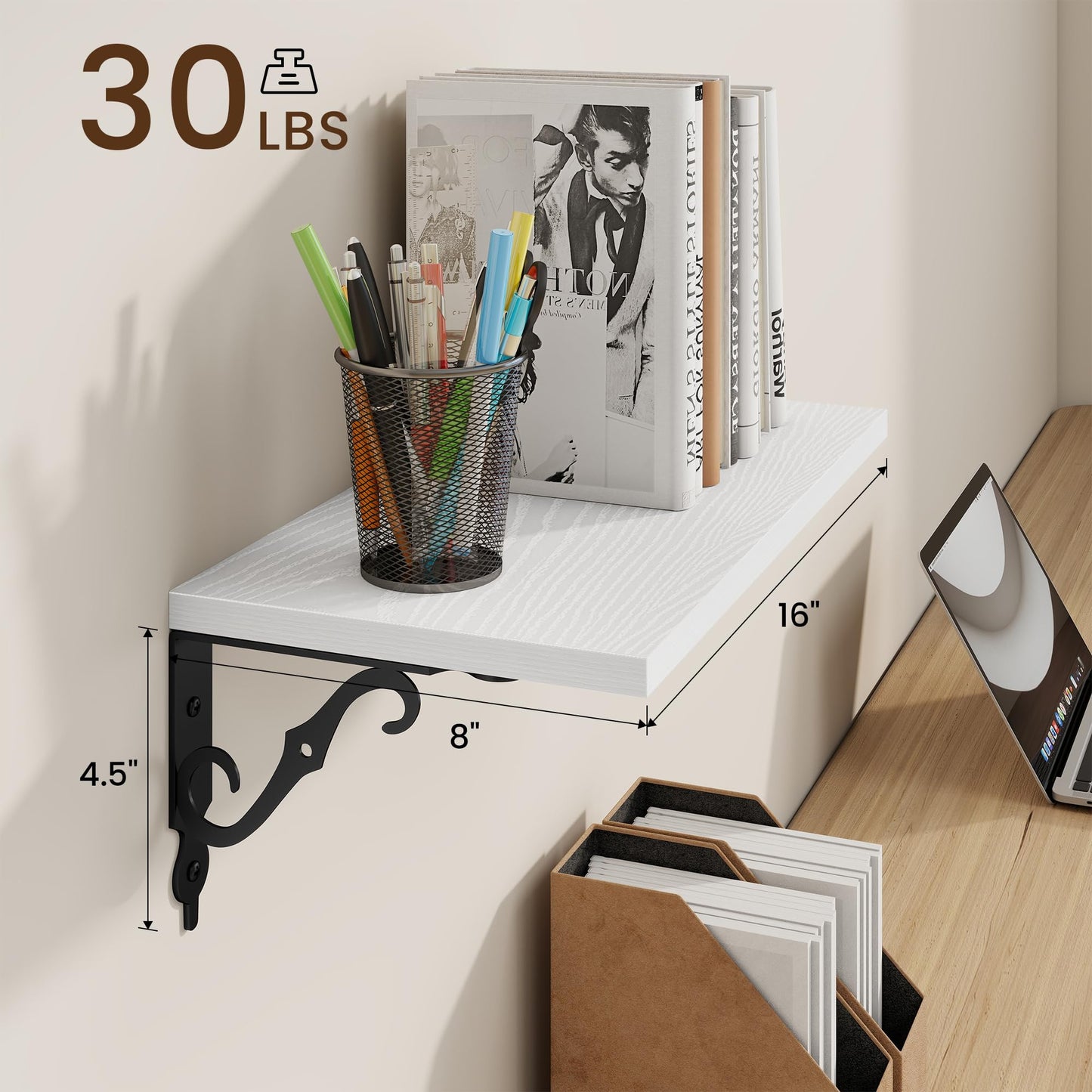RICHFOCUS Floating Shelves for Wall Decor, 8 Inch Deep Shelves Set of 2, 16W x 8D Floating Shelves Wall Mounted with Metal Brackets, Rustic Wood Shelves for Living Room Bedroom Kitchen, White