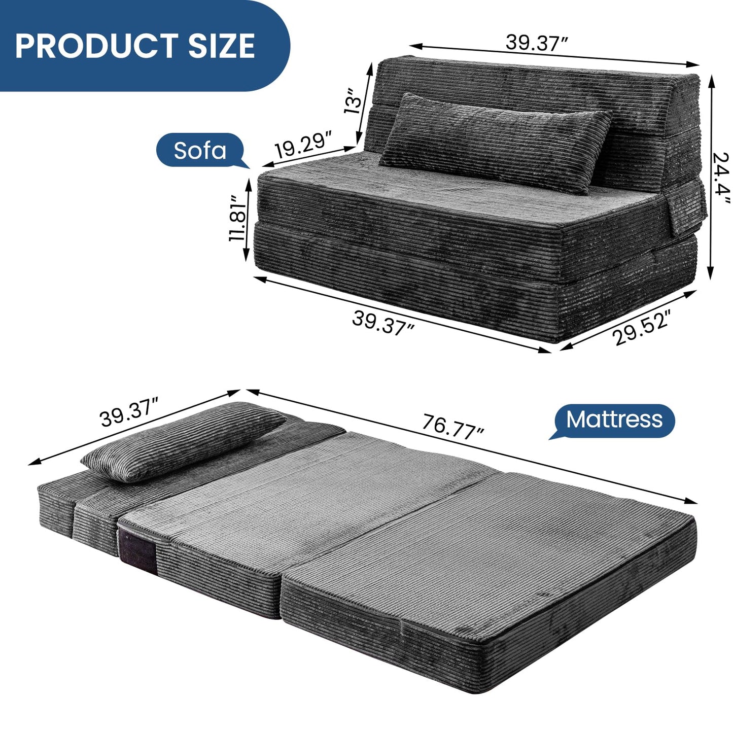 Cvortll Folding Sofa Bed, Convertible Sleeper Chair with Pillow, High Density Memory Foam Fold Out Couch, Foldable Mattress Futon Sofa for Living Room/Dorm/Guest Use/Apartment/Home Office