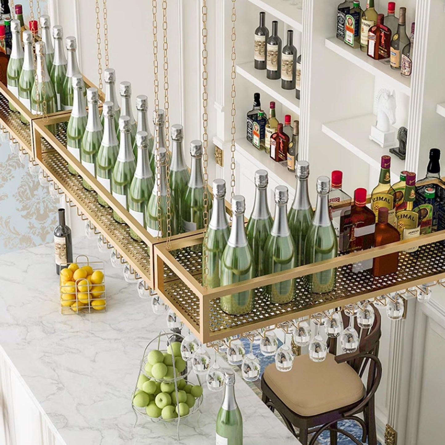 MSHOSAC Metal Hanging Wine Glass Rack with Floating Wine Bottle Holder Vintage Display Shelf for Bar Restaurant Cafe Wall Mounted Shelving Stand (60x25x20cm)