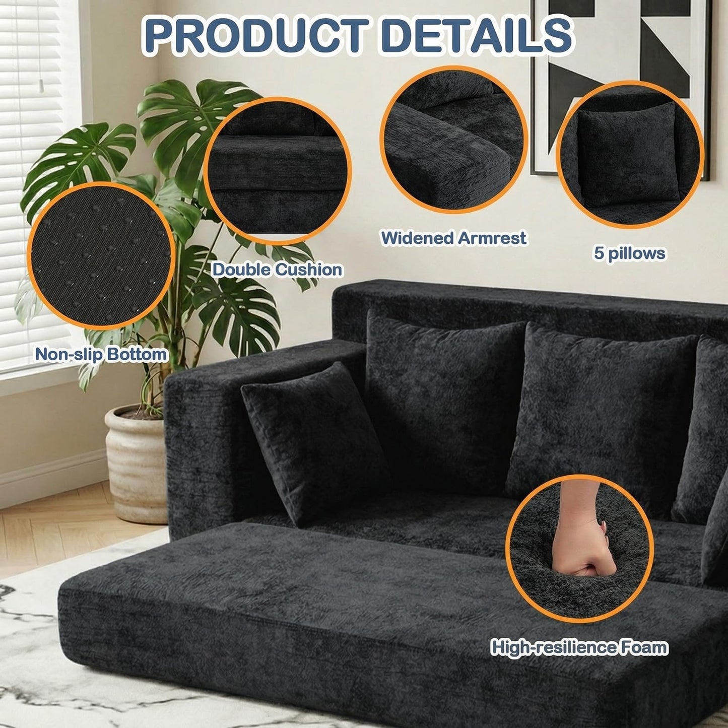 Winzoo Boneless Couches 70", 3 Seater Boneless Couch with Pull Out Sofa Bed, Black Boneless Couch with 5 Pillows, Plush Velvet Sofa for Living Room & Bedroom