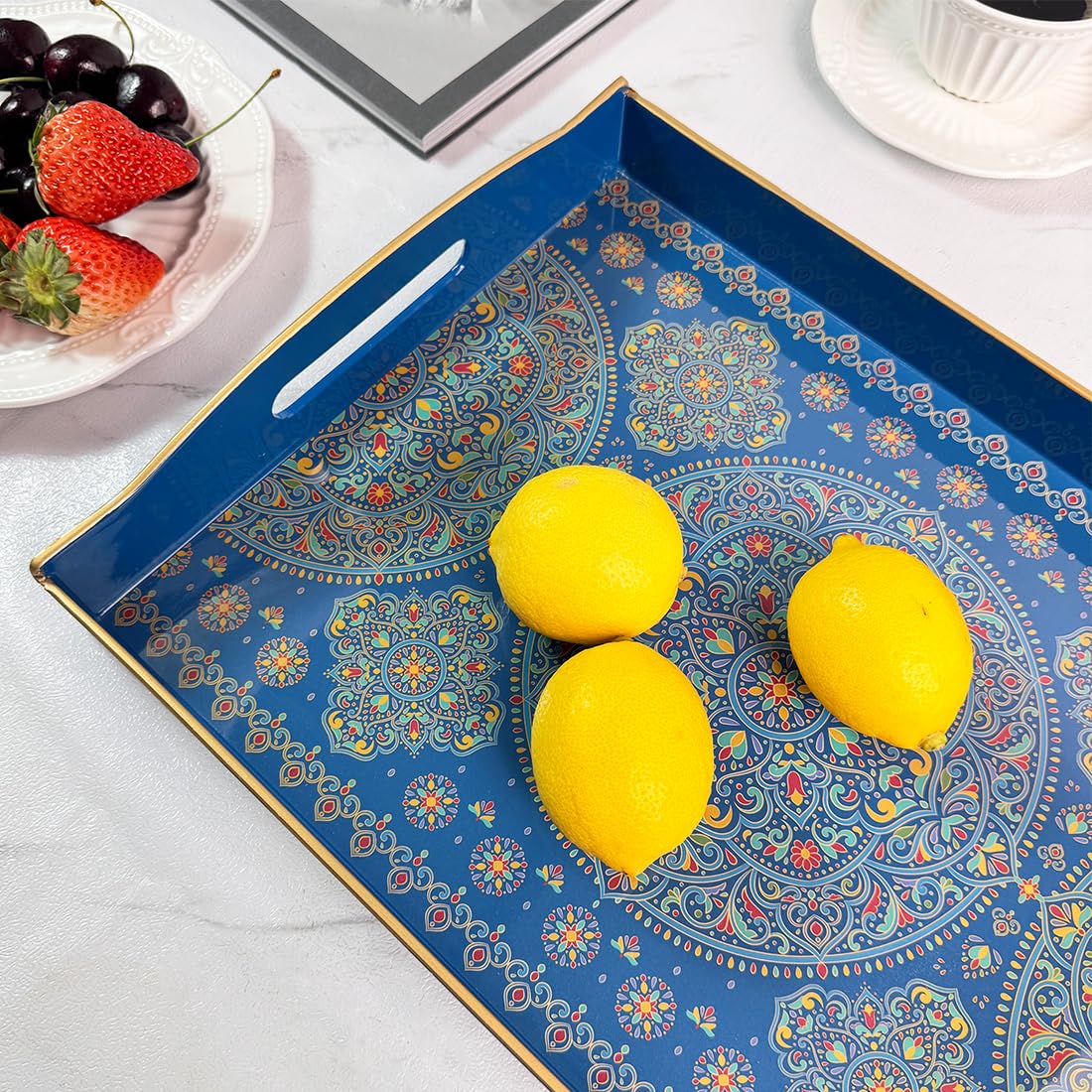 Umisriro Boho Blue Decorative Tray, Serving Tray with Handles, Plastic Tray for Coffee Table, Ottoman - Ideal for Living Room & Bathroom. 15” x 11” x 2.5”
