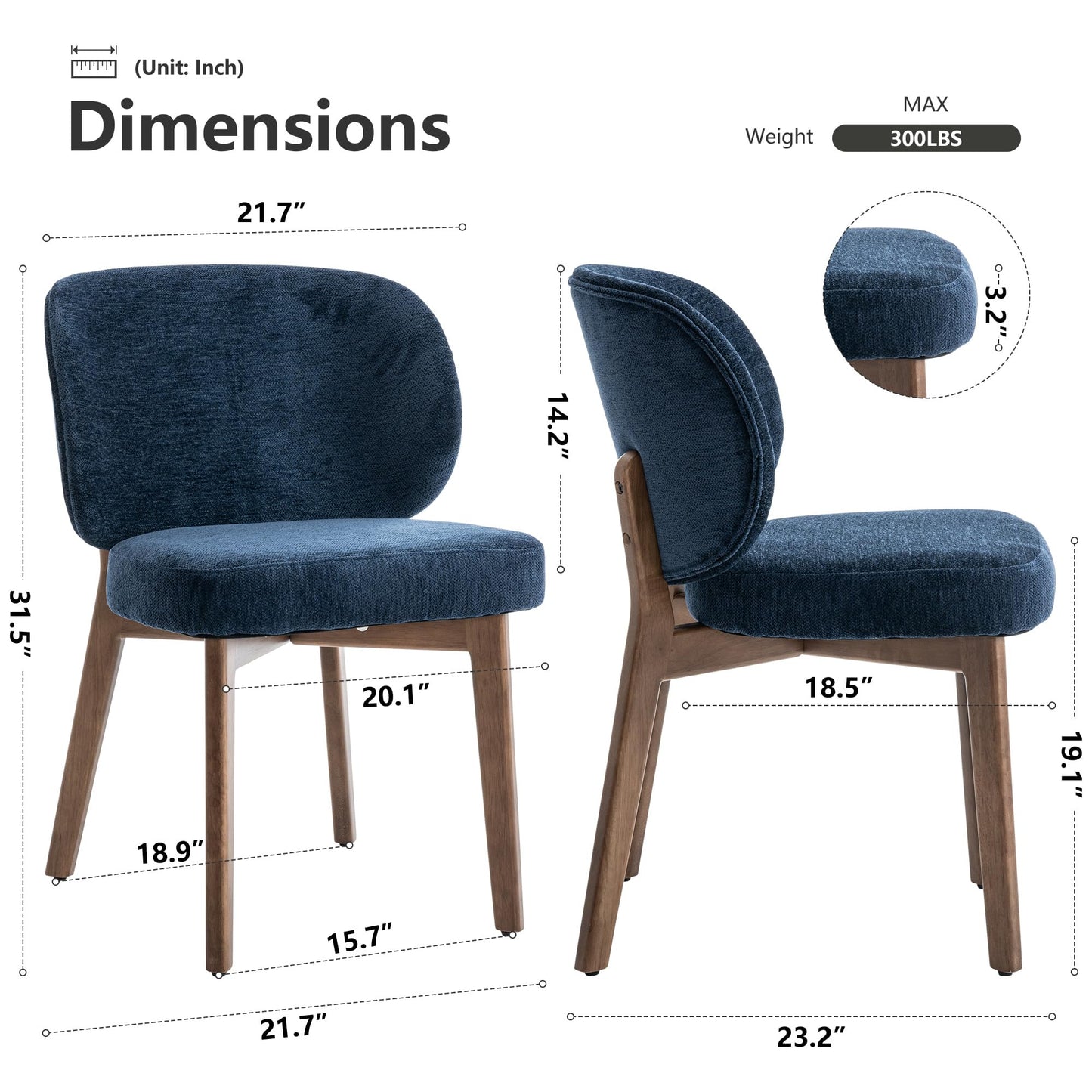 YOUNIKE Dining Chair with Back Single Mid Century Modern Kitchen Chair Boucle Fabric Upholstered Armless Chair 20" Wide Padded Seat with Wooden Legs for Kitchen Dining Living Room Bedroom Navy Blue
